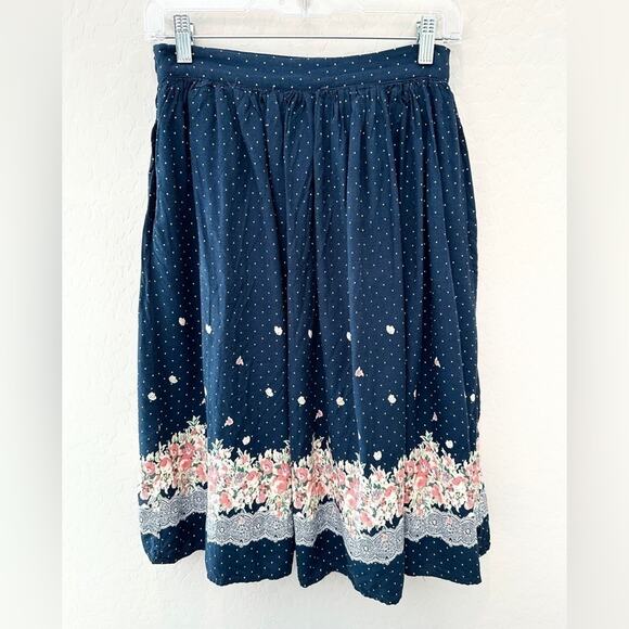 COMME TOI | Navy Polka Dot Floral Midi Skirt Cottagecore | Medium - Picture 4 of 8